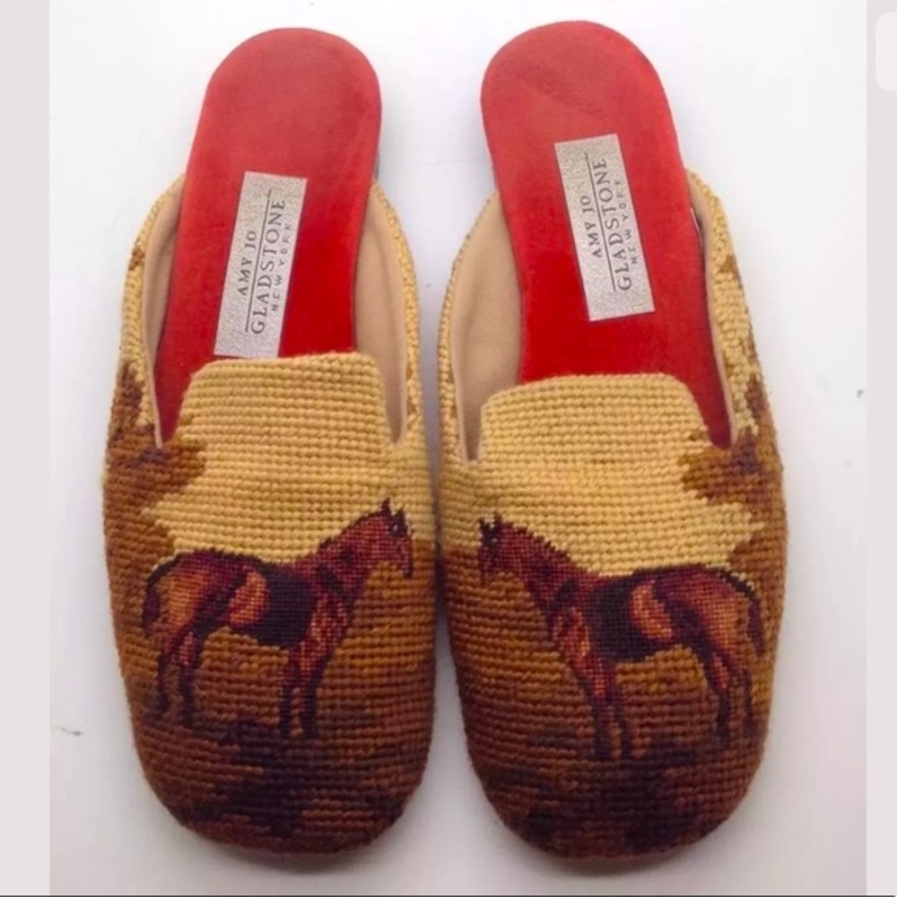 GLADSTONE🐎Equestrian Horse🐎Needlepoint Flats Slides 8 Original Box Very RARE!